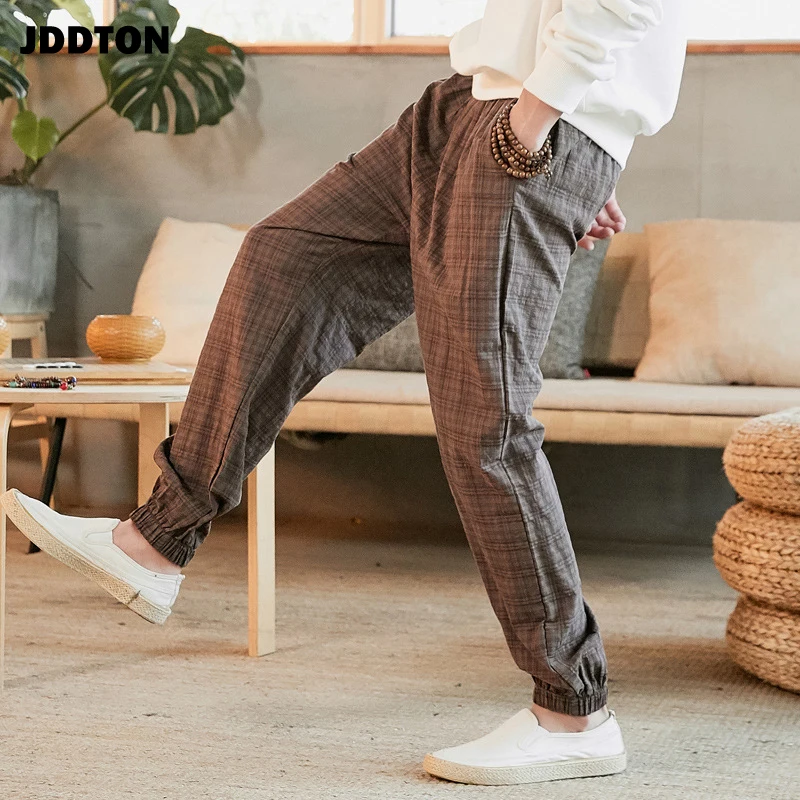 Осенние мужские свободные шаровары JDDTON из хлопка и льна Новые повседневные брюки