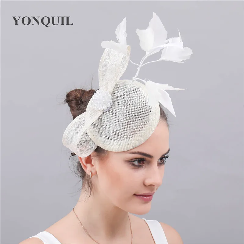 

Vintage Sinamay Ivory Wedding Headwear Bride Women Fascinator Feather Hat Prom Party Dinner Headpiece Hair Pins Cocktail Race