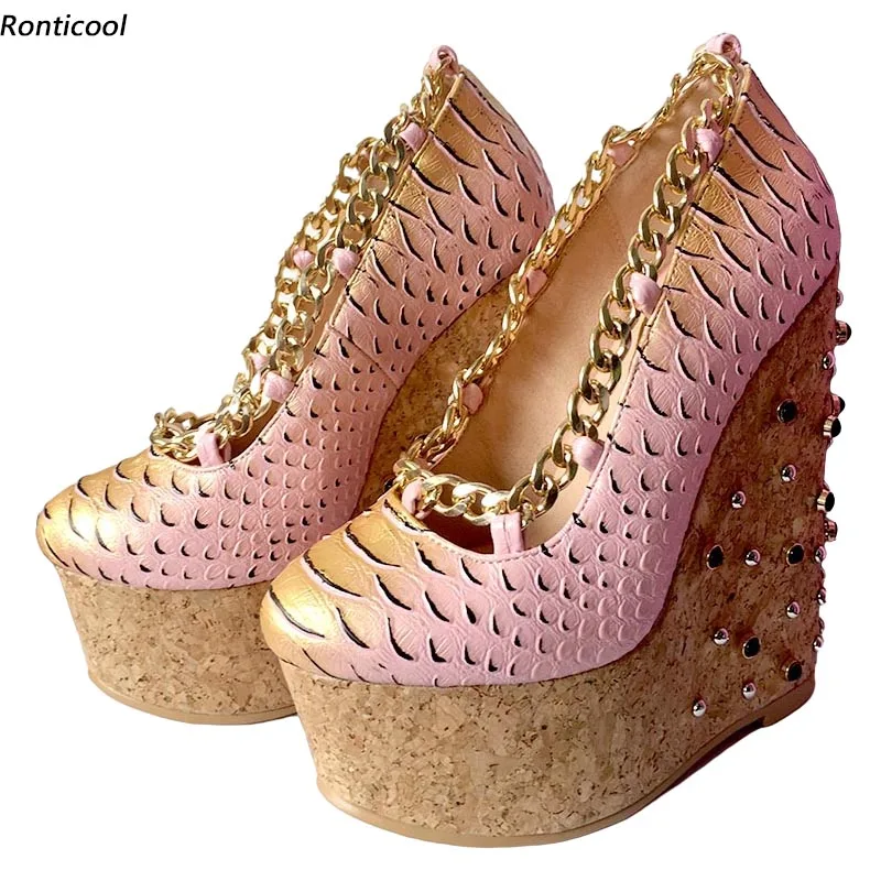 

Женские туфли-лодочки ручной работы Ronticool, привлекательные туфли на танкетке с золотой цепочкой и круглым носком, красивые розовые туфли для вечеринки, женская модель 5-20