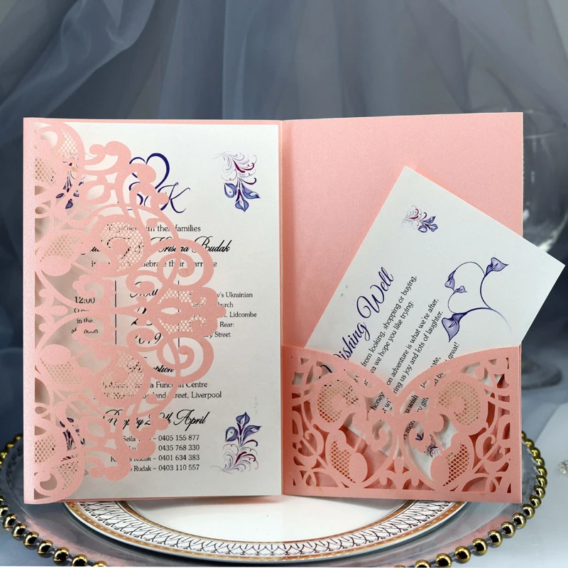 

50pcs Blue White Elegant Hollow Laser Cut Wedding Invitation Card Greeting Card Customize Business With RSVP Card Party Supplies