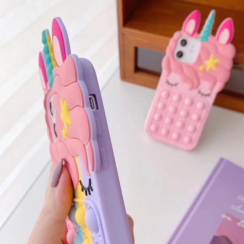 

Relive Stress Fidget Toys Push It Bubble Phone Case For iphone 6 6s 7 8 Plus SE 2020 X XR XS 11 12 Pro Max 3D Unicorn Soft Cover