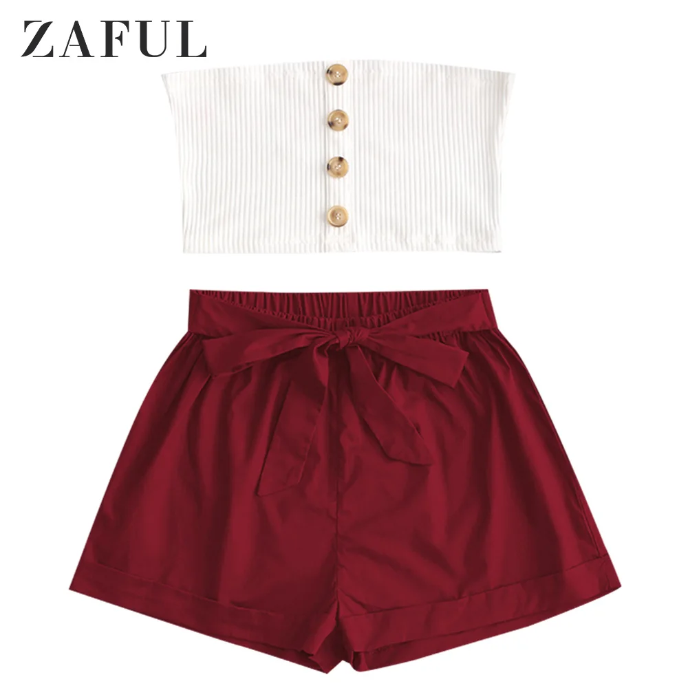 ZAFUL ребристый топ бандо на пуговицах и шорты с завязками женский костюм пляжный