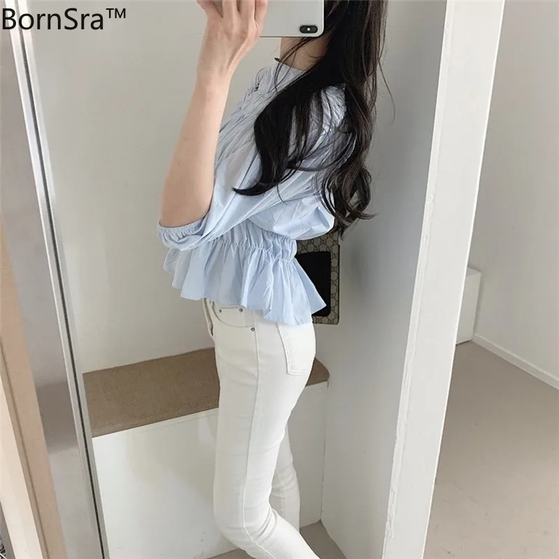 

Bornsra New 2020 Women Summer Blouses Shirts Solid Multi Colors Casual Puff Sleeve Vintage Fold Draped Wild Short Tops Female