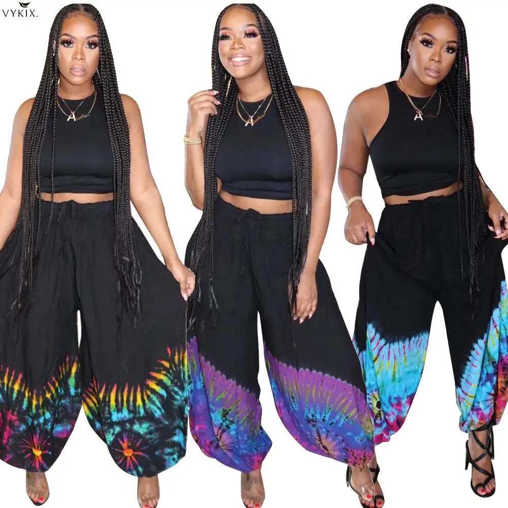 

Women Summer Tie Dye Print Haren Loose Hip Hop Pants Streetwear Fashion Trousers 2 Piece Outfits For Women