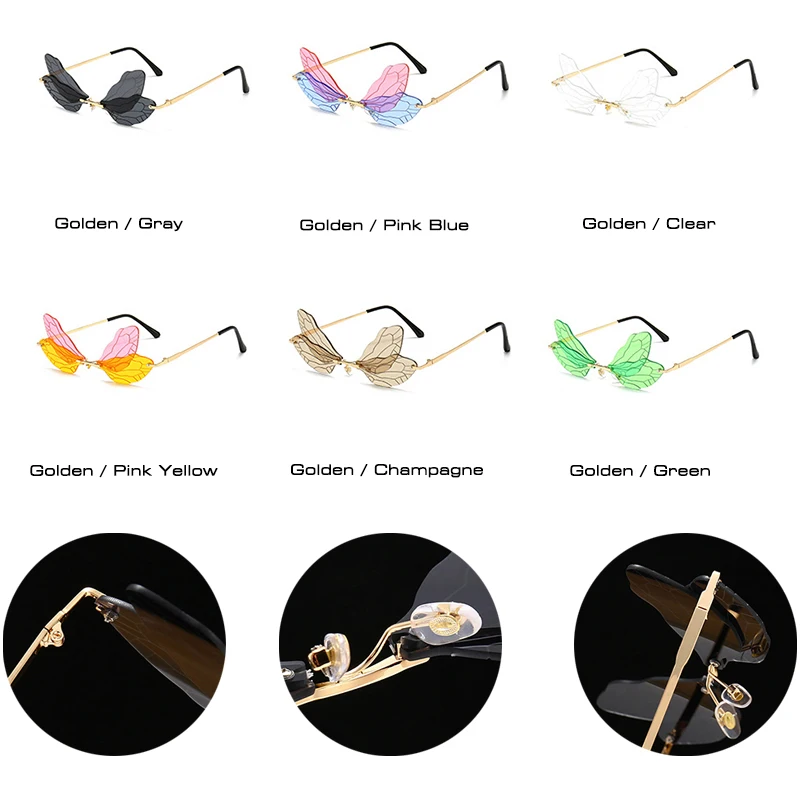 

Fashion Rimless Dragonfly Wing Sunglasses Women Vintage Clear Ocean Lens Eyewear Men Pink Yellow Sun Glasses Shades UV400