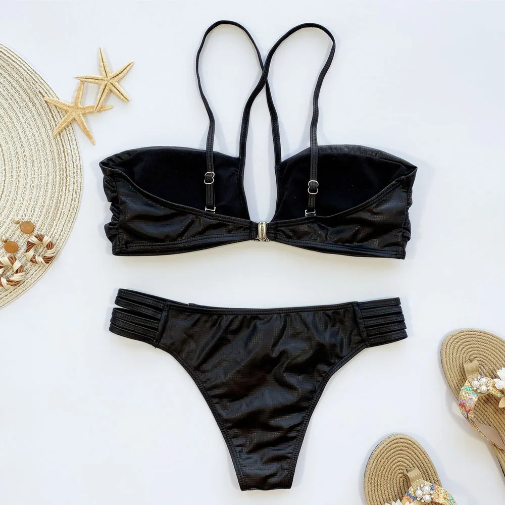

Sexy Black U Neck Bikini Push Up Swimsuit Female Swimwear Women Two-pieces Bikini set Bather Mid Waist Bathing Suit Swim Wear