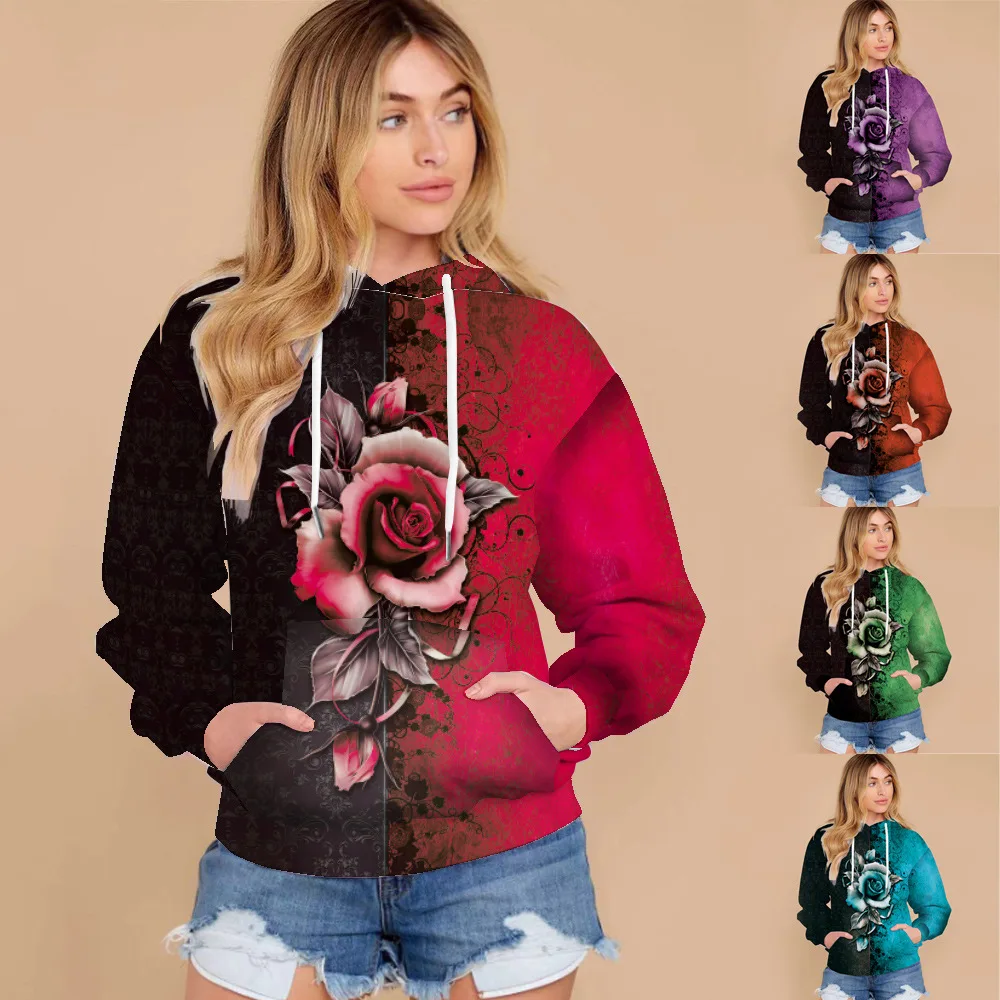

Sweatshirt Women Rose Flower Print Hoodies Fall 2020 Women Clothing Streetwear Crewneck Sweatshirt Plus Size Pullovers M