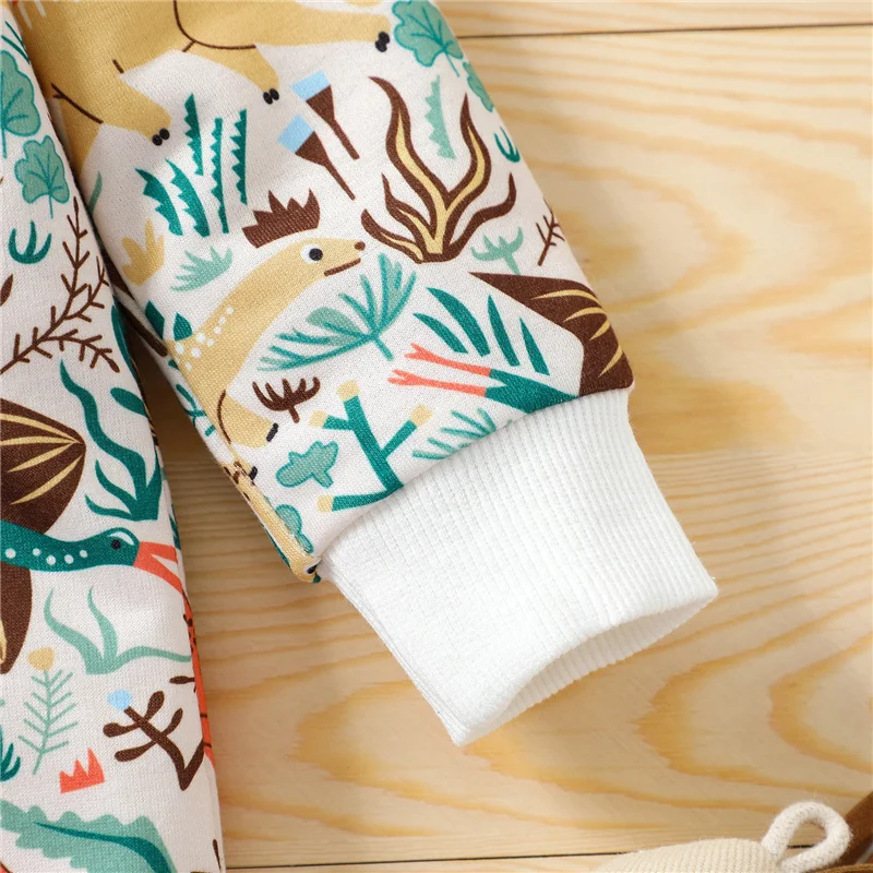 

0-18Months Newborn Baby Boys Girls Snap-Up Cotton Jumpsuit,Spring Autumn Warm Long Sleeve Cartoon Dinosaur Print Footless Romper