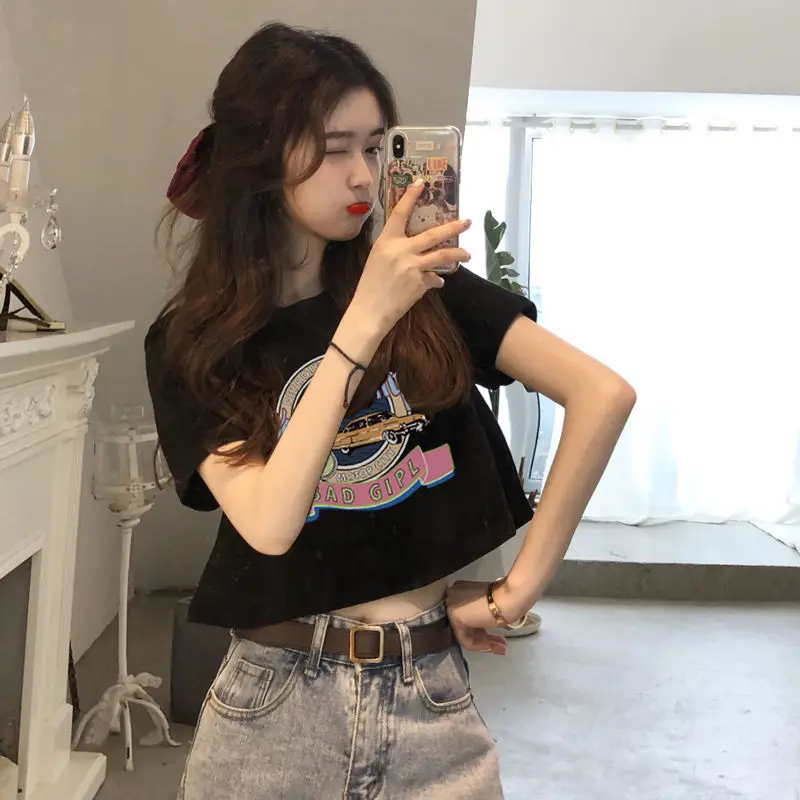

Cartoon alphabet car Print T-Shirt white Summer pop Street wear Women chic casual Tops Tees vintage clothes Harajuku Short