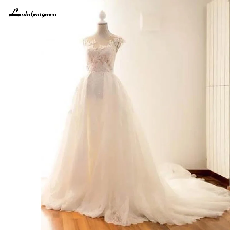 Lace Illusion Bridal Wedding Dress With Overskirt Lace Appliques Court Train Jewel Neck Cap Sleeve Wedding Bridal Gowns