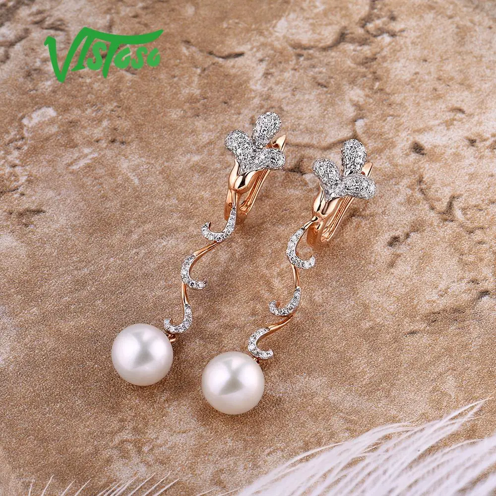 VISTOSO Pure 14K 585 розовое золото сверкающие бриллианты элегантные жемчужные серьги