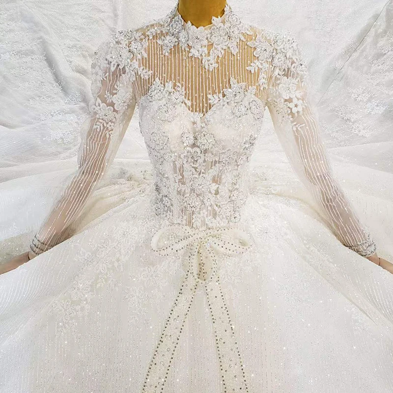 HTL2082 Long Sleeve Luxurious Sexy V-Neck Crystal Beading Sequined Wedding Dress 2021 For Woman Ball Gowns