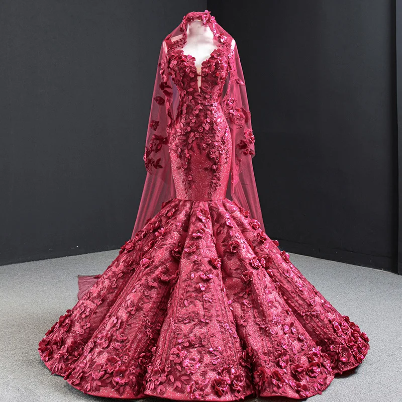 Real Shot Rose Red Sexy Mermaid Long Evening Dress Backless 3D Flower Prom Party Evening Formal Gown Trumpet Floral Vestido Robe