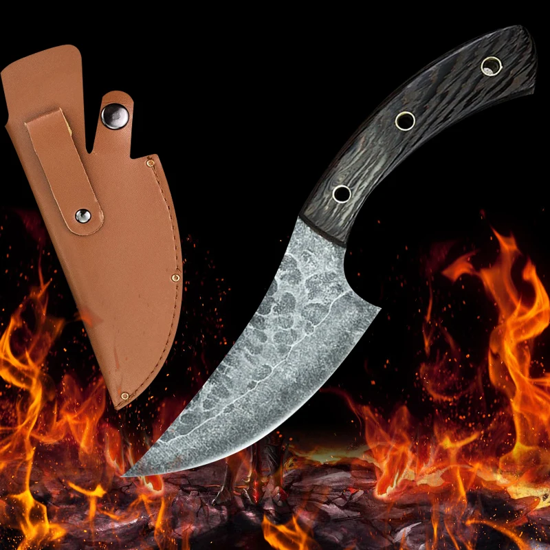 

Кованый нож ручной работы, 5,5 дюйма, Походный нож для кемпинга на открытом воздухе, кухонный нож мясника, кожаный нож с полной ручкой