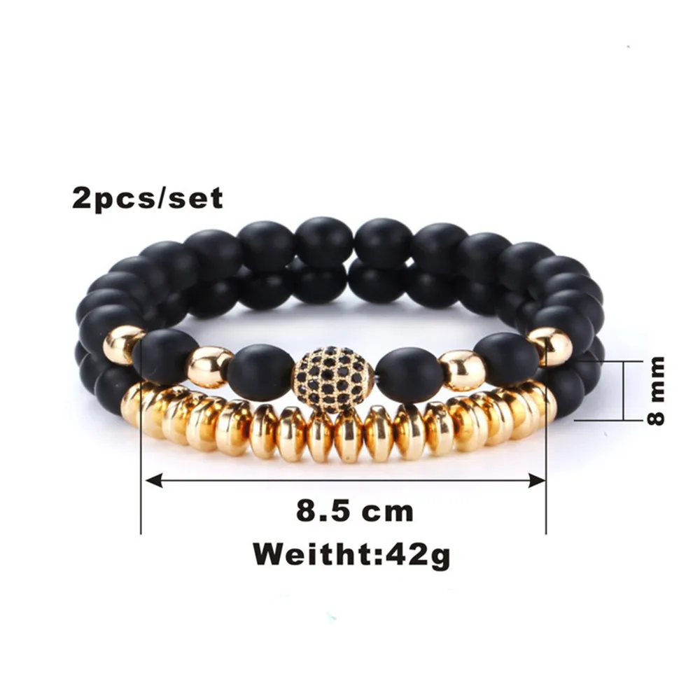 

Hot Sale Matte Black Onyx Set Bracelet Energy Stone Beaded Bracelets Micro Inlay Zircon Copper Charm Unisex Jewelry Dropship