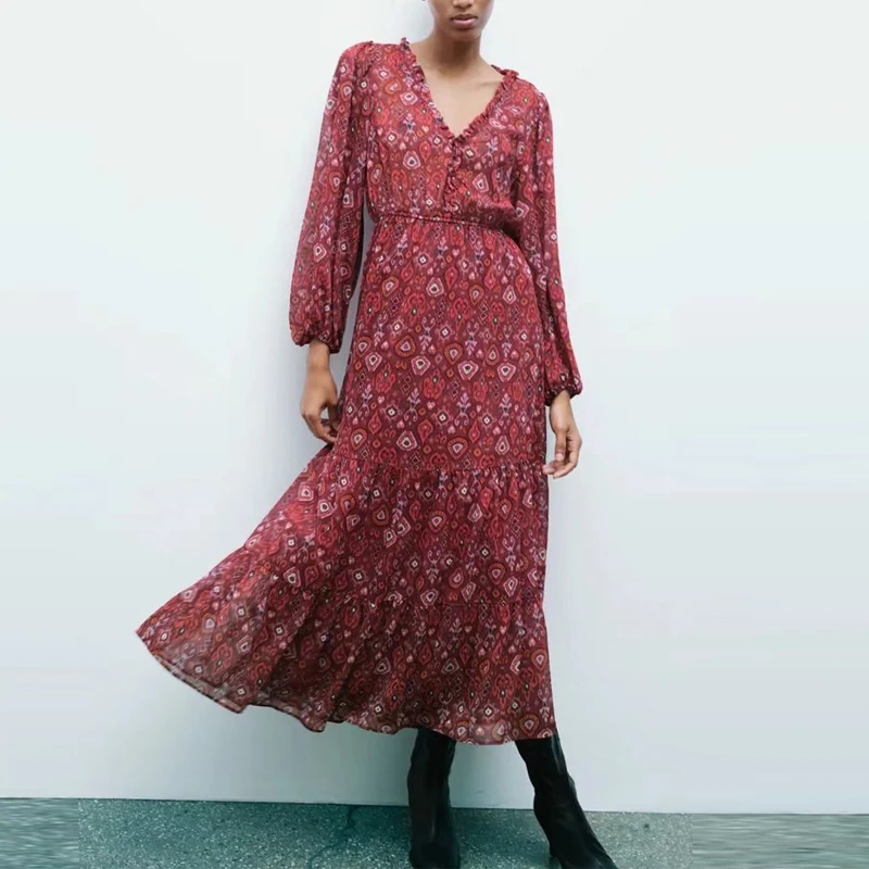 

KUMSVAG Women Autumn Vintage V-Neck Dress 2021 ZA Full Sleeve Print Mid-Calf Female Elegant Fashion Street Dresses Vestidos