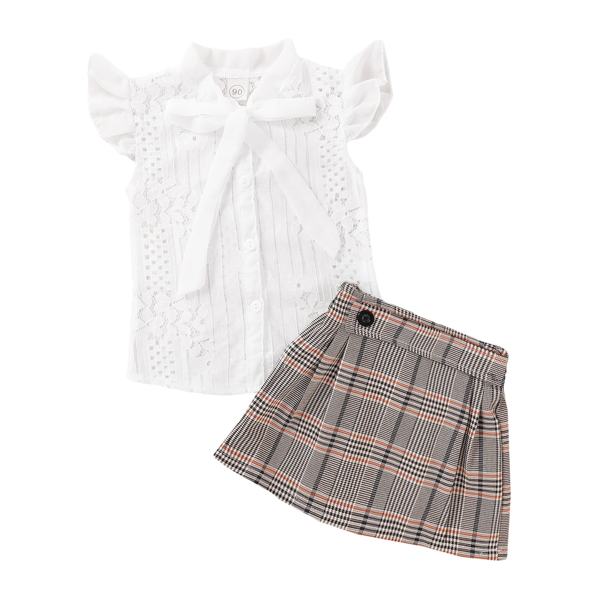 

1-6Y Kids Baby Girl Summer Clothes Sets Lace Bowknot Shirts Tops+Tutu Plaids Skirt Outfit Set