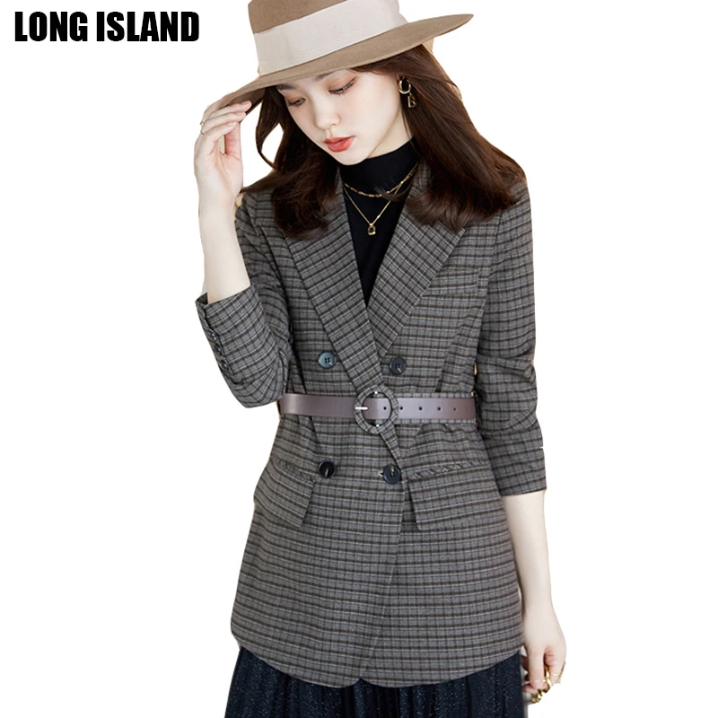 

Women Jacket with PU Belt Plaid Grey Color Fashion Casual Style Winter Outer Formal Wear for Office Ladies Fashion Jacket
