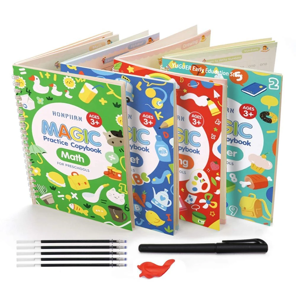 

4 Books Plus Pen Magic Exercise Book Free Wipe Children Toy Writing Stickers English Calligraphy Copybook