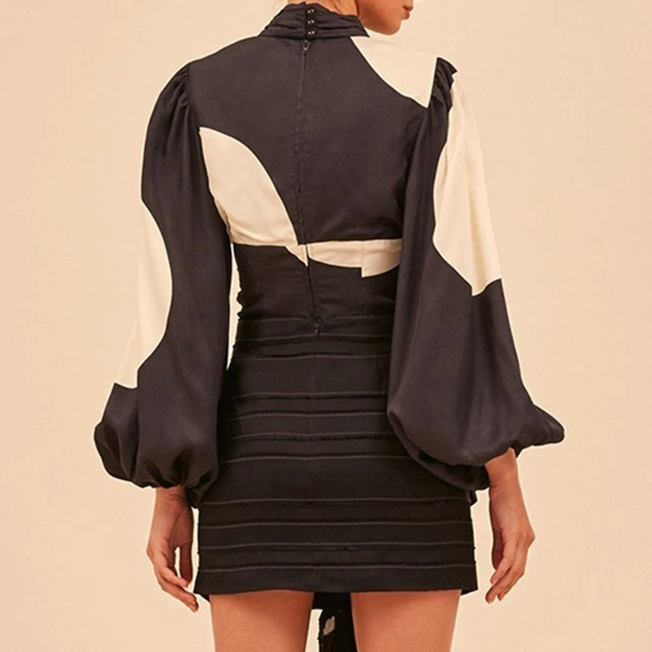 

2019 Autumn Fashion New Sexy Hollow Women'S Shirt Stand Collar Lantern Long Sleeve Contrast Shirt Shirt Women