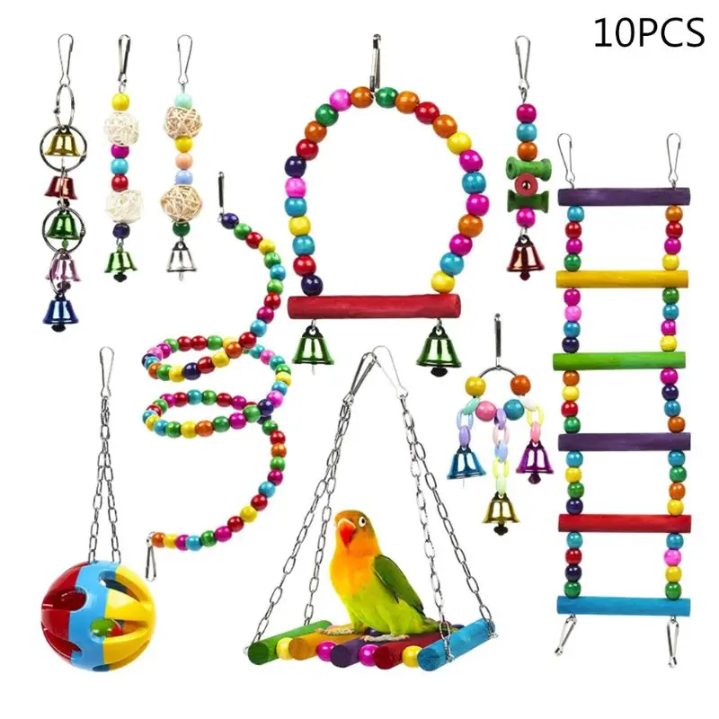

10Pcs Wooden Parrot Ladders Bird Cage Swing Perch Hanging Chew Ball Bell Toys