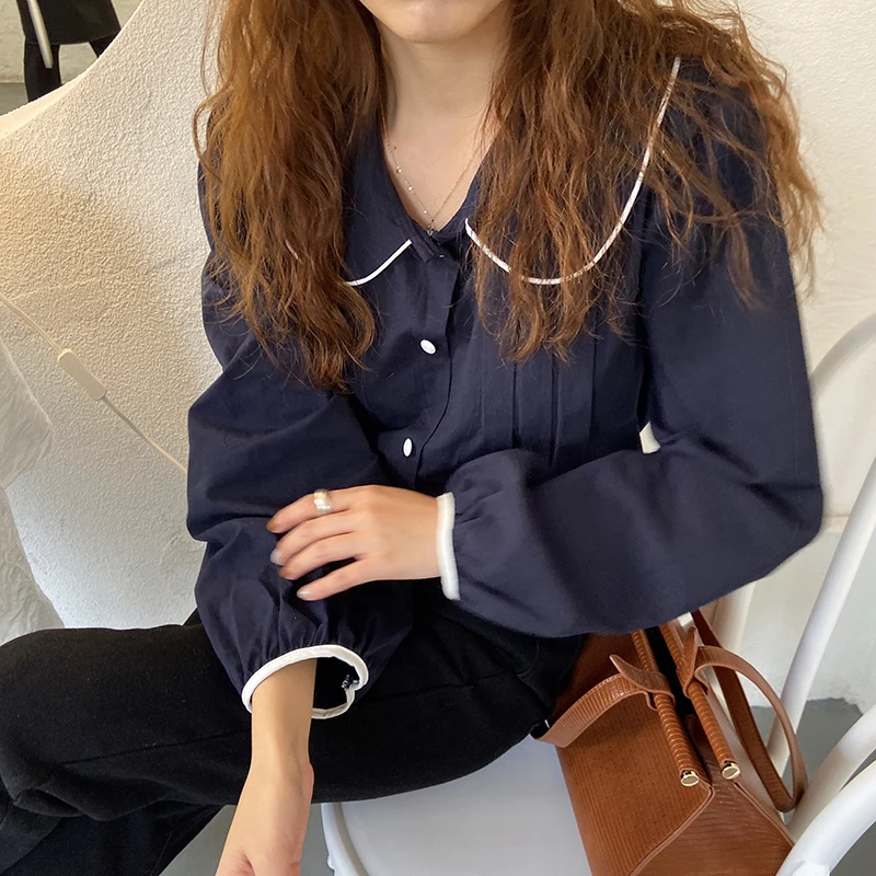 

Korean Style Vintage Chic Women's Shirt Long Sleeve White Casual Turn-down Collar Blouses Female Patchwork Tops Lady