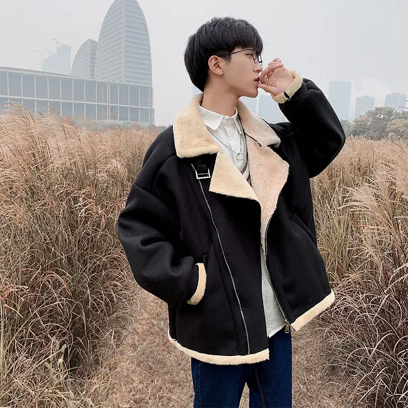 

2020 Autumn And Winter New Youth Popular Pure Color Lamb Wool Thickened Plus Velvet Cotton Coat Fashionable Casual Lapel Top