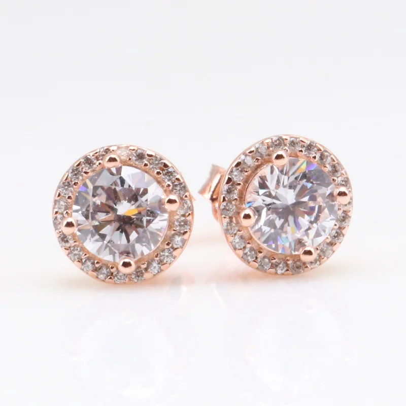 

925 Sterling Silver Rose Gold Classic Elegance With Clear Crystal Pan Earrings For Women Wedding Fashion Jewelry