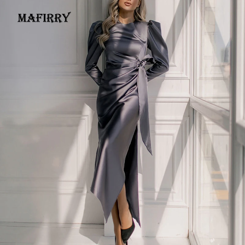 

Spring Autumn Long Sleeve Side Slit Maxi Dress Women Round Neck Solid Slim Party Dress Elegant Ladies Belt Office Dress Vestidos