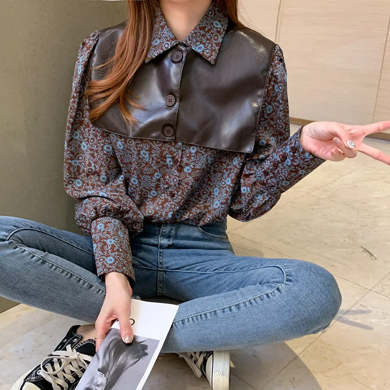 

2021 New Floral Long Sleeve Chiffon Shirt Female Korean Lapel Sweet Plus Size Blouse and Leather Shawl Two Piece Sets Women