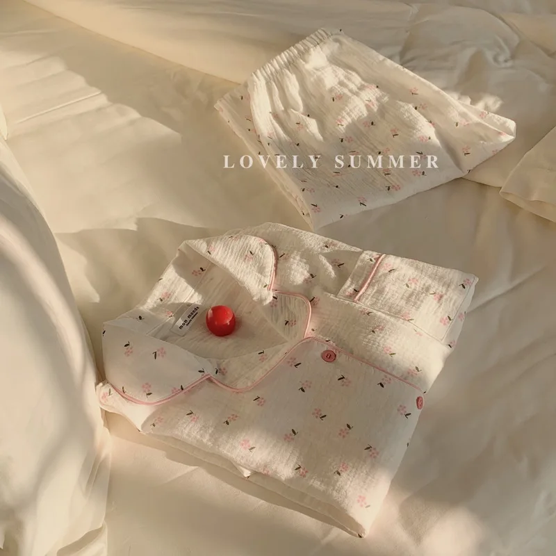 

new summer pajamas set women short sleev cotton home clothes 2 piece set cute pink print top pants pijamas sleepwear soft Y416