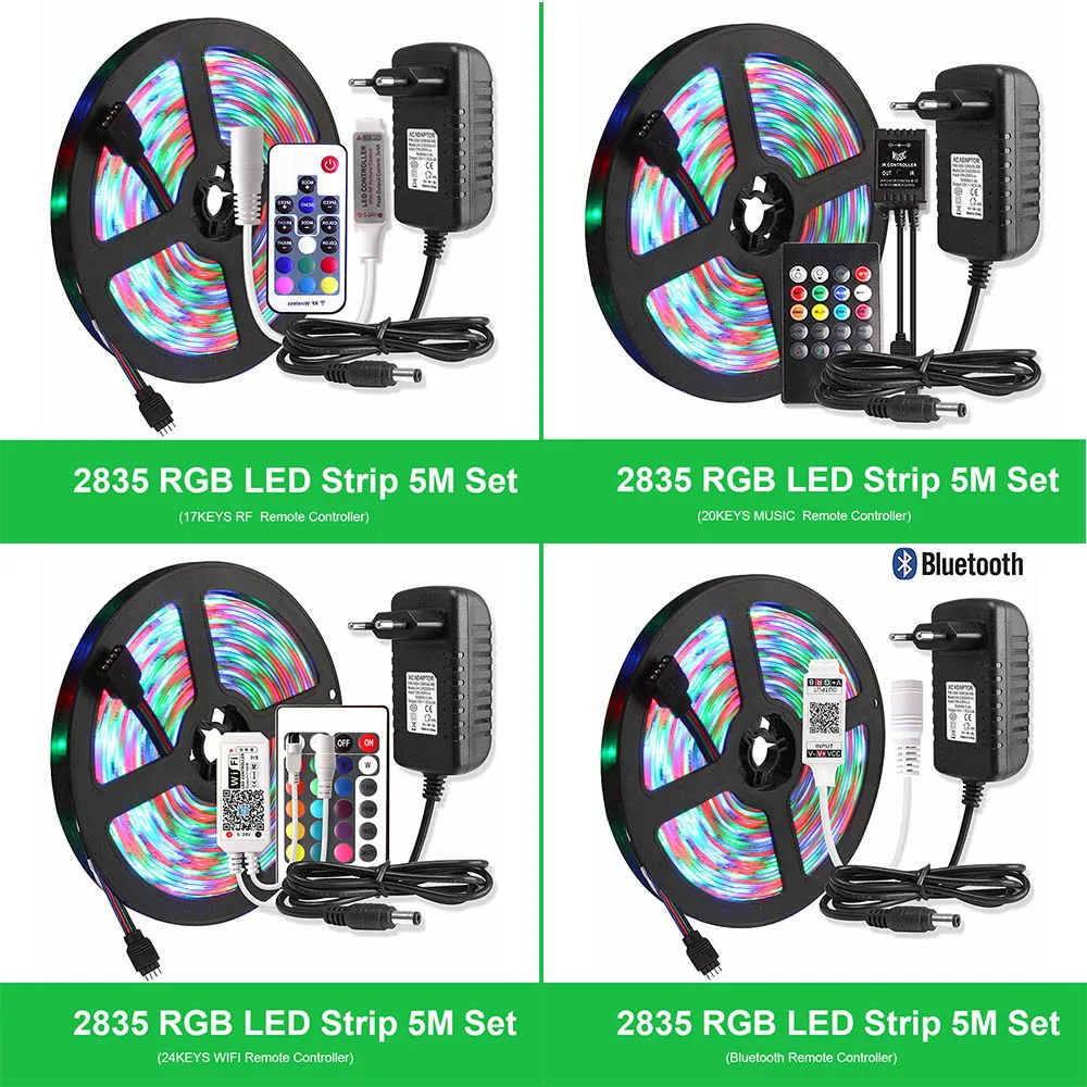 2835 Светодиодная лента Водонепроницаемая 5 м лента RGB Гибкая неоновая Диодная Tira светодиодный светильник полоса 220 В до 12 В адаптер Bluetooth/17 ключ дистанционного управления