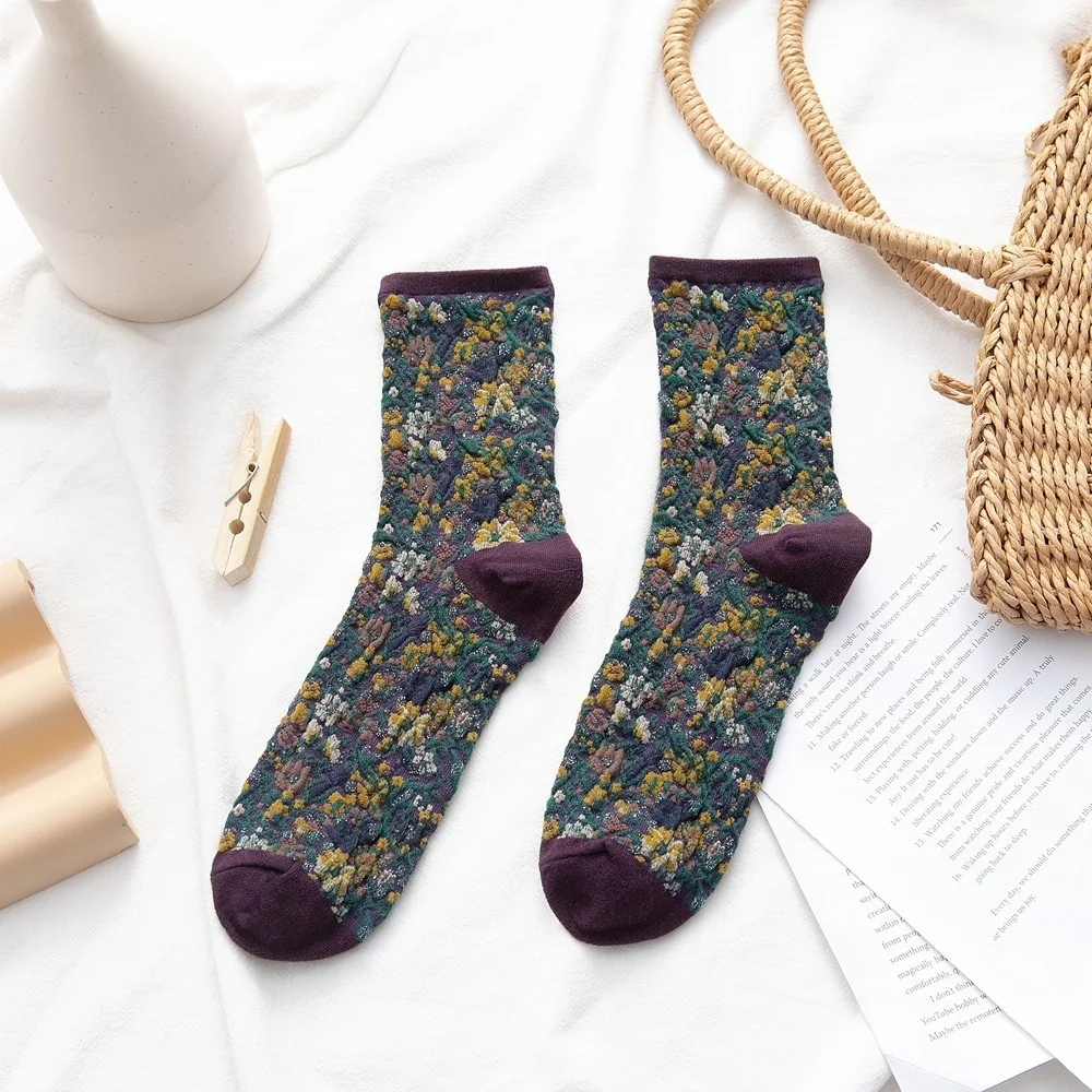 

New Retro Ethnic Style Women Socks Flower Casual Comfortable Ladies Funny Cute Spring Autumn Cotton Girls Sox Gifts 1pair ws204