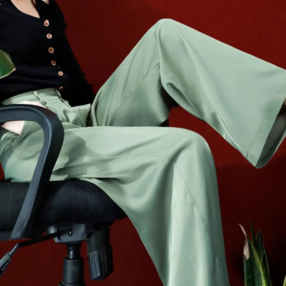 

Женские прямые брюки с высокой талией, однотонные шелковые брюки винного, красного, зеленого, черного цветов на осень, 2020