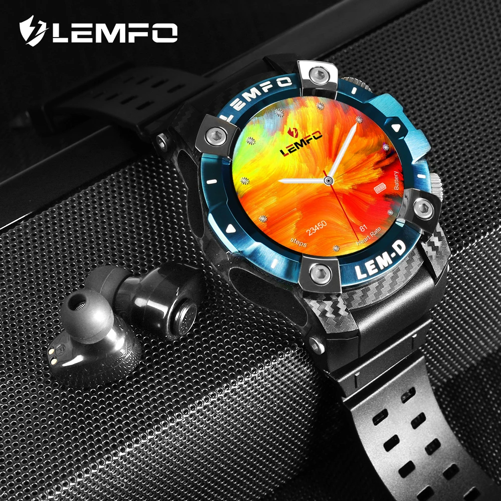Смарт часы мужские LEMFO LEMD 2020 TWS Bluetooth наушники 2 в 1 360*360 HD дисплей аккумулятор 350 мАч