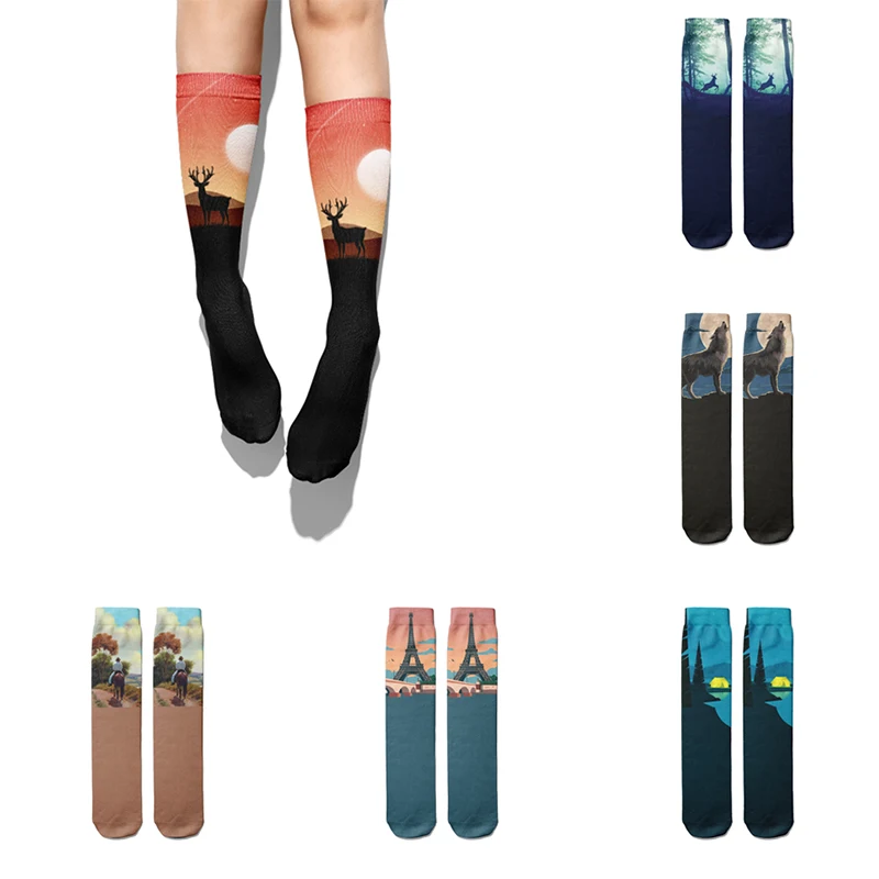 

Носки компрессионные унисекс, хлопковые модные длинные носки до бедра с 3D принтом оленя, милые смешные рождественские в стиле Харадзюку для...