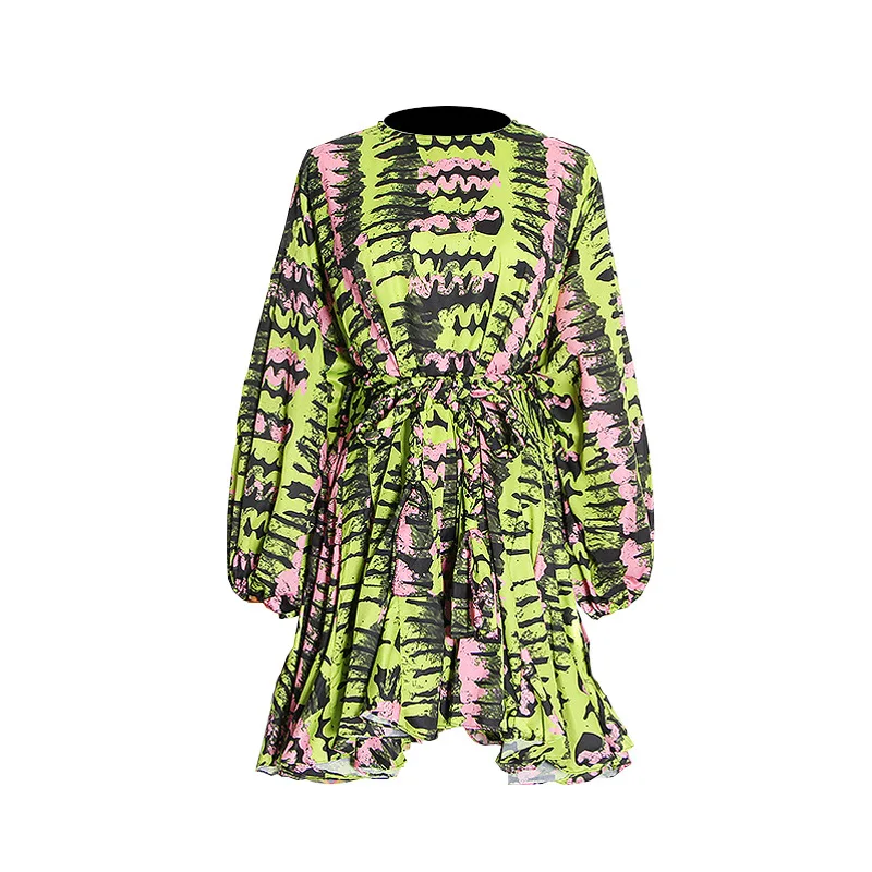 

Summer dress 2021 new round neck printed woven belt slim long sleeve short A-line skirt