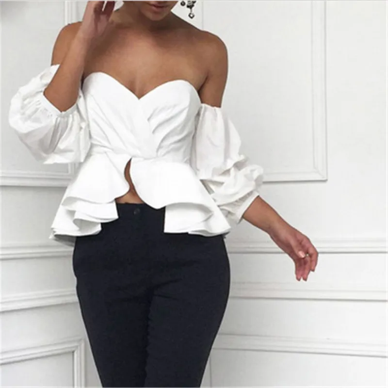 

2021 Summer Women Off Shoulder Tops Blouse Shirts Strapless Backless Puff Sleeve Ruffles Peplum Sexy Women Clothes Korean Style