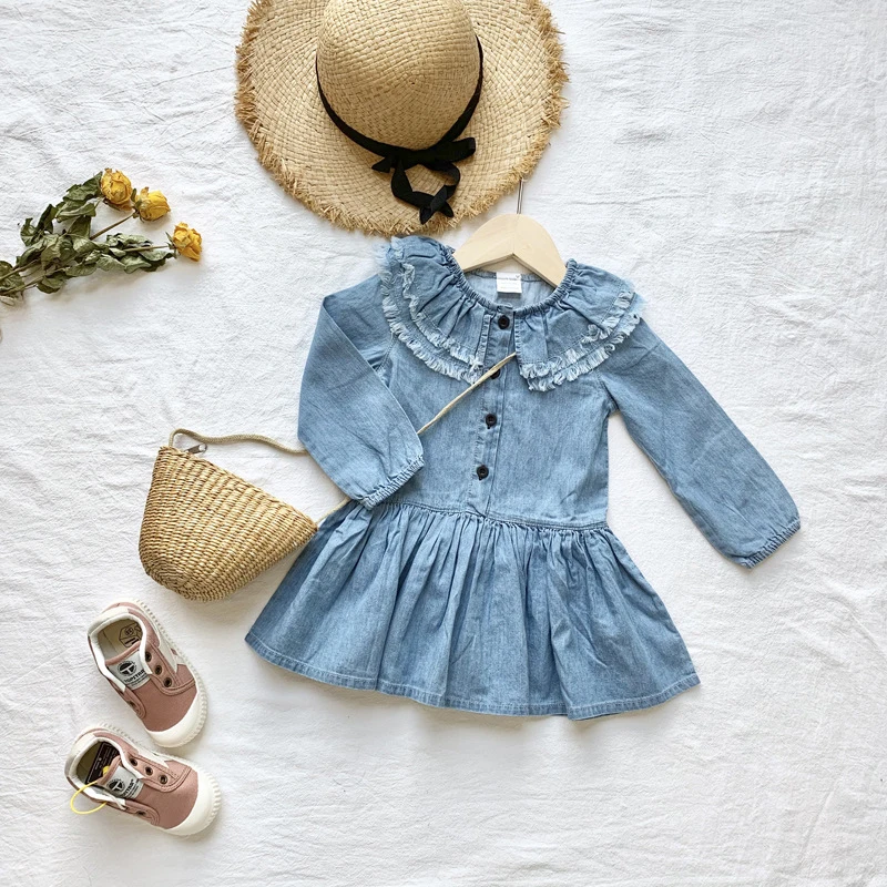 Милое Новое Осеннее теплое платье для маленьких девочек джинсовые однотонные