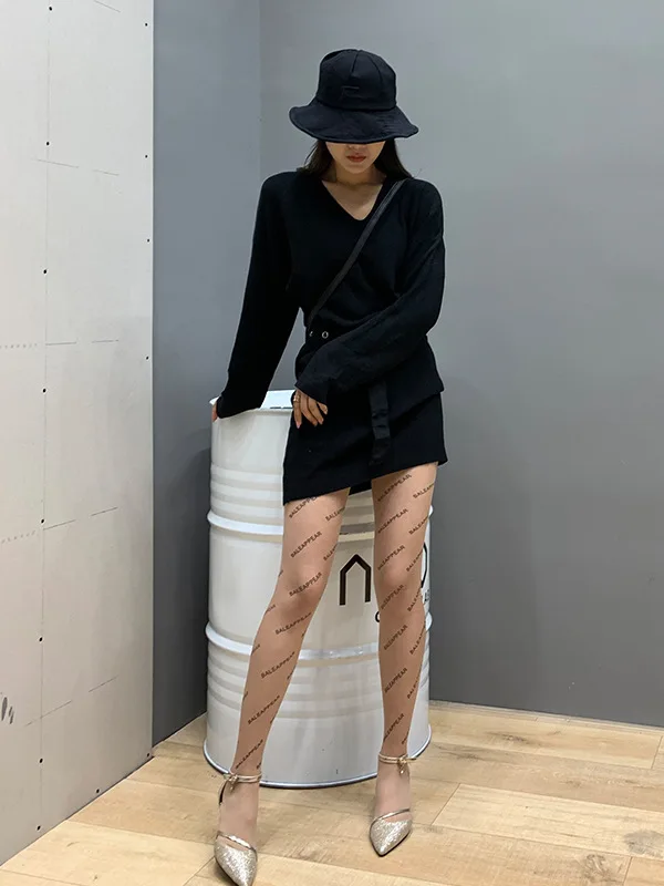 KASURE черные колготки тату буквы женские нейлоновые прозрачные сексуальные чулки