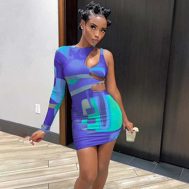 

Spring Sexy Dress Printed One-shoulder Hollow Nightclub Party Dresses for Women Gothic Clothes Vintage Club Outfits Wholesale