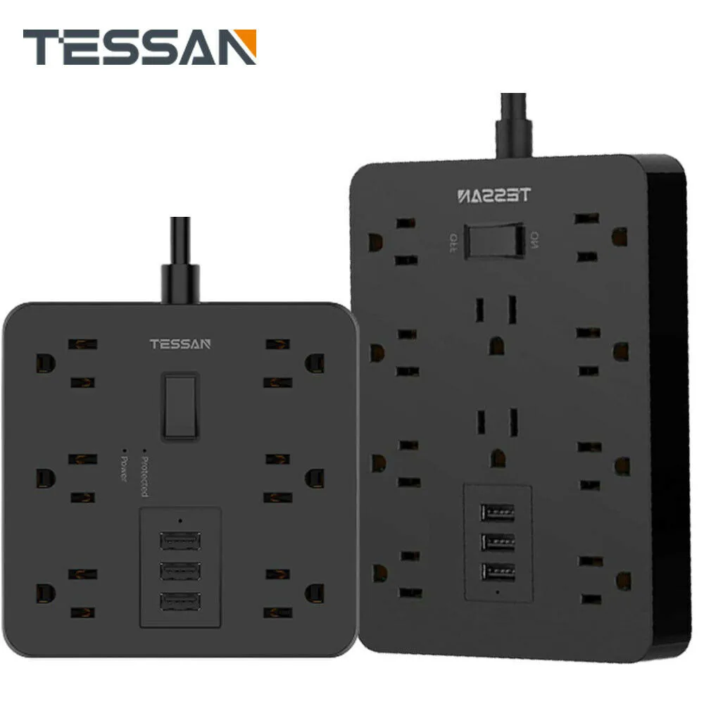 

TESSAN Multi Sockets Power Strip US Plug with 3 USB Ports 10 Widely Spaced Outlets 1.2m Extension Cord Overload Surge Protection