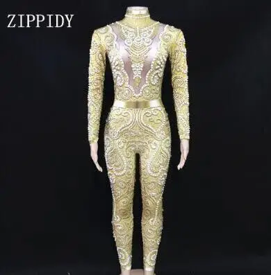 gold jumpsuit Черный серый Стразы Жемчуг Длинные рукава платье Сексуальная спандекс Женская одежда для пения день рождения, празднование вечернее платье - Цвет: gold jumpsuit