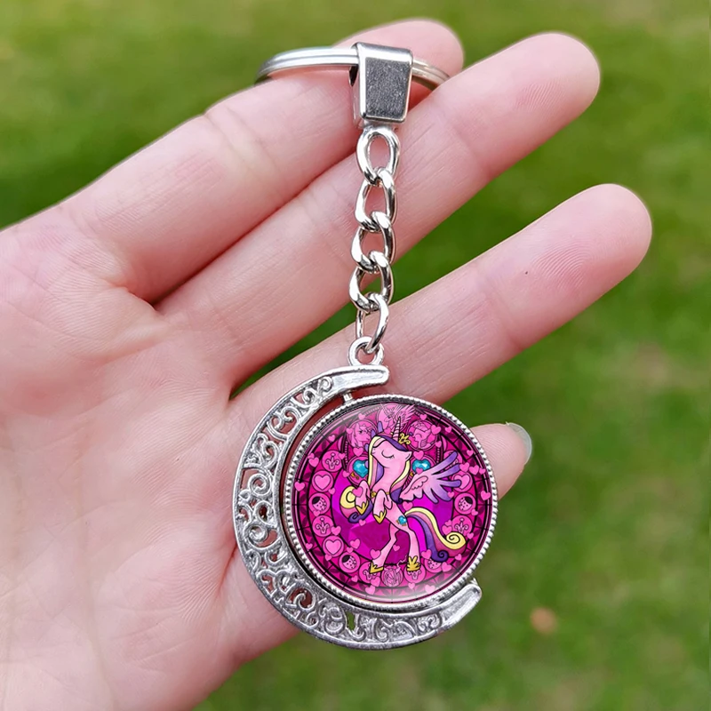 Двусторонний брелок для ключей с изображением маленькой лошади для девочек, подвеска в виде Луны из стекла для детей, поворотная модная детская бижутерия на день рождения