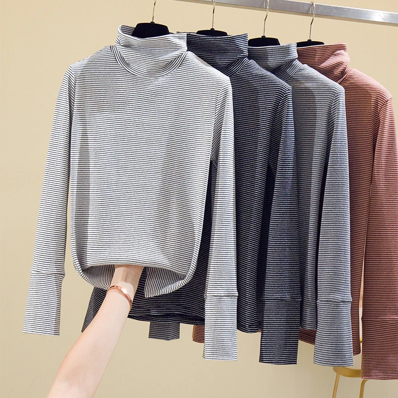 

2020 Hot Sale Women T Shirts Long Sleeve High Neck Top Cotton Base Shirt Womens Clothes Turtleneck stripe