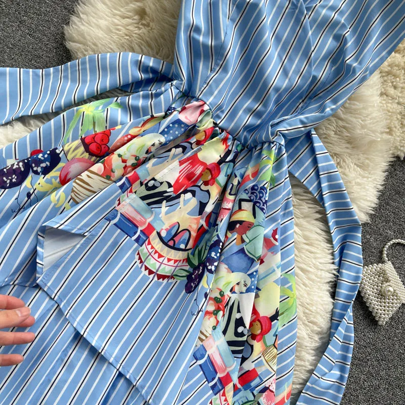 

KUSAHIKI Stripe Women Dress Korean Printing Irregular Ruffle Dresses 2021 Summer New Lace Up Slim Waist Vestidos Mujer 6G724