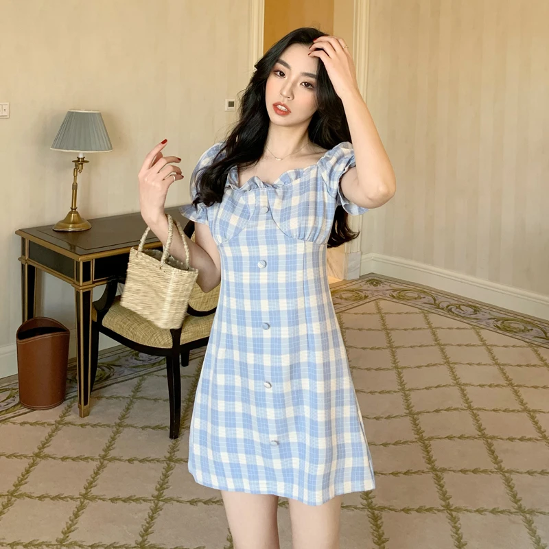 

Make firm offers han edition dress French show thin hubble-bubble sleeve plaid skirt of tall waist A word temperament dress