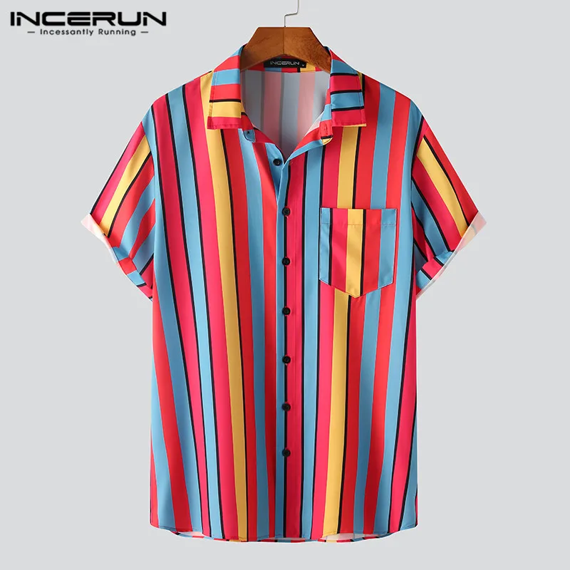 

2021 Striped Men Shirt Lapel Short Sleeve Button Casual Breathable Camisas Streetwear Summer Beach Hawaiian Shirts Blouse S-5XL