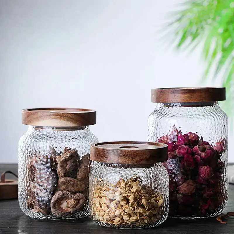 

Acacia Wooden Cover Hammer Glass Storage Pot Japanese Food Coffee Beans Tea Sealed Can Transparent Storage Tank
