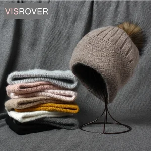 VISROVER 10 Rabbit Cashmere unisex Woman Winter Hat With Weave Autumn Beanies With Pompom Cashmere W